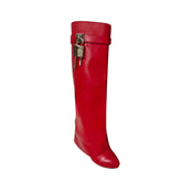 Lock Detailed Leather Wedged Heel Knee High Boots